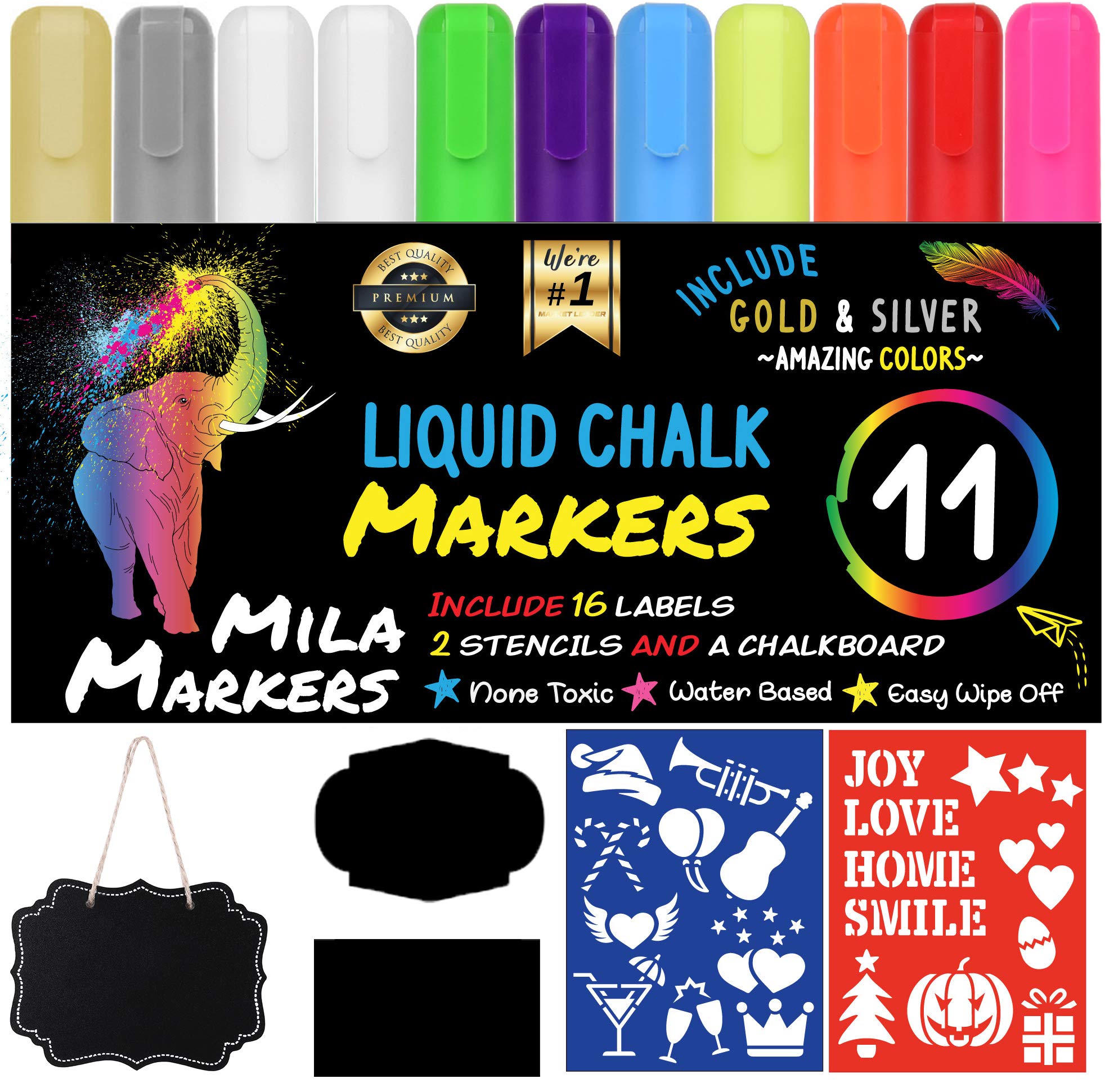 Mila 11 Multicolored Liquid Chalk Markers | Includes Mini Chalkboard, 16 Labels & 2 Stencils | Erasable, Non-Toxic, Water-Based | 6 mm Reversible Tip | On Glass, Blackboards & More | For Kids & Adults