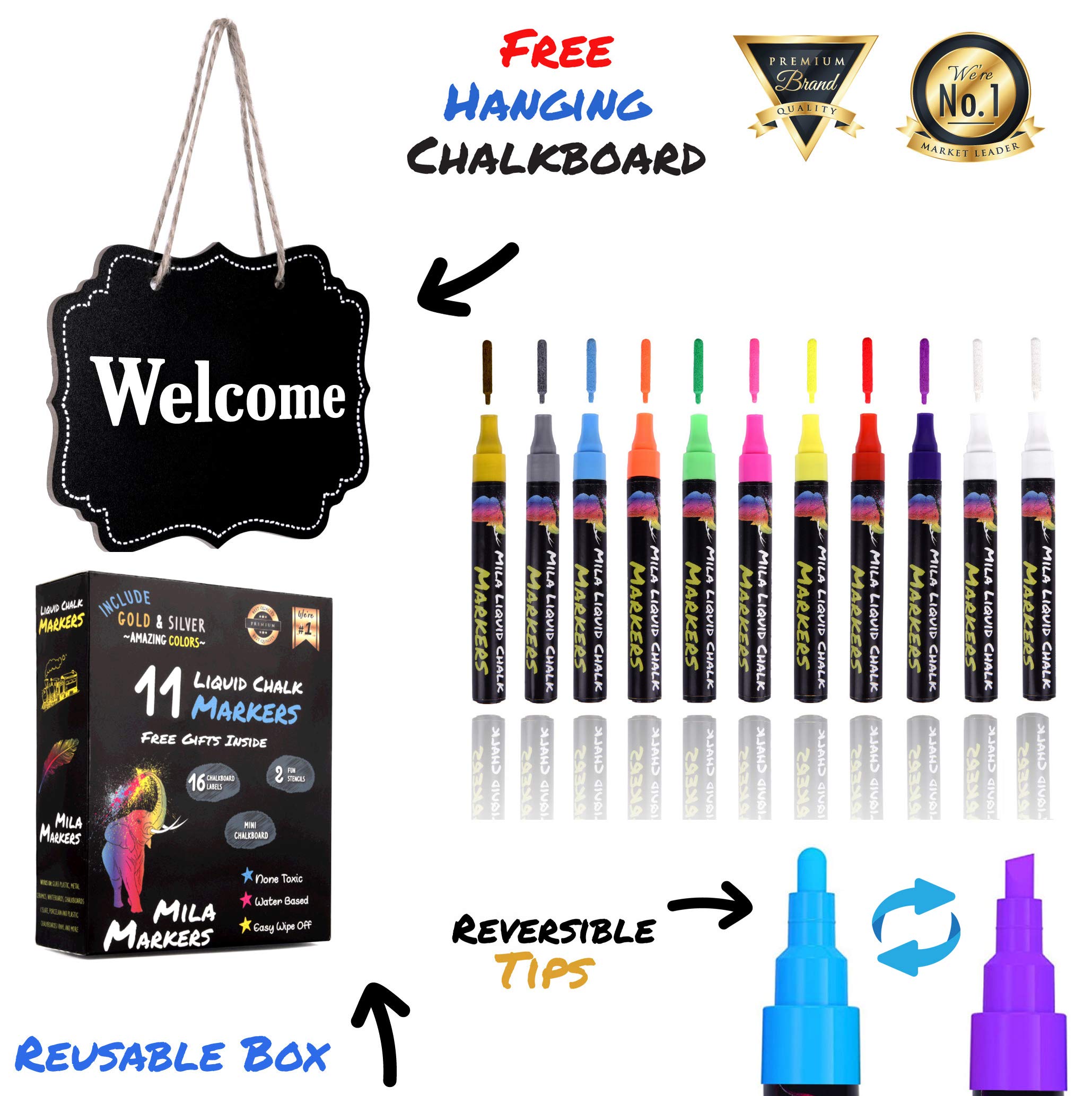 Mila 11 Multicolored Liquid Chalk Markers | Includes Mini Chalkboard, 16 Labels & 2 Stencils | Erasable, Non-Toxic, Water-Based | 6 mm Reversible Tip | On Glass, Blackboards & More | For Kids & Adults