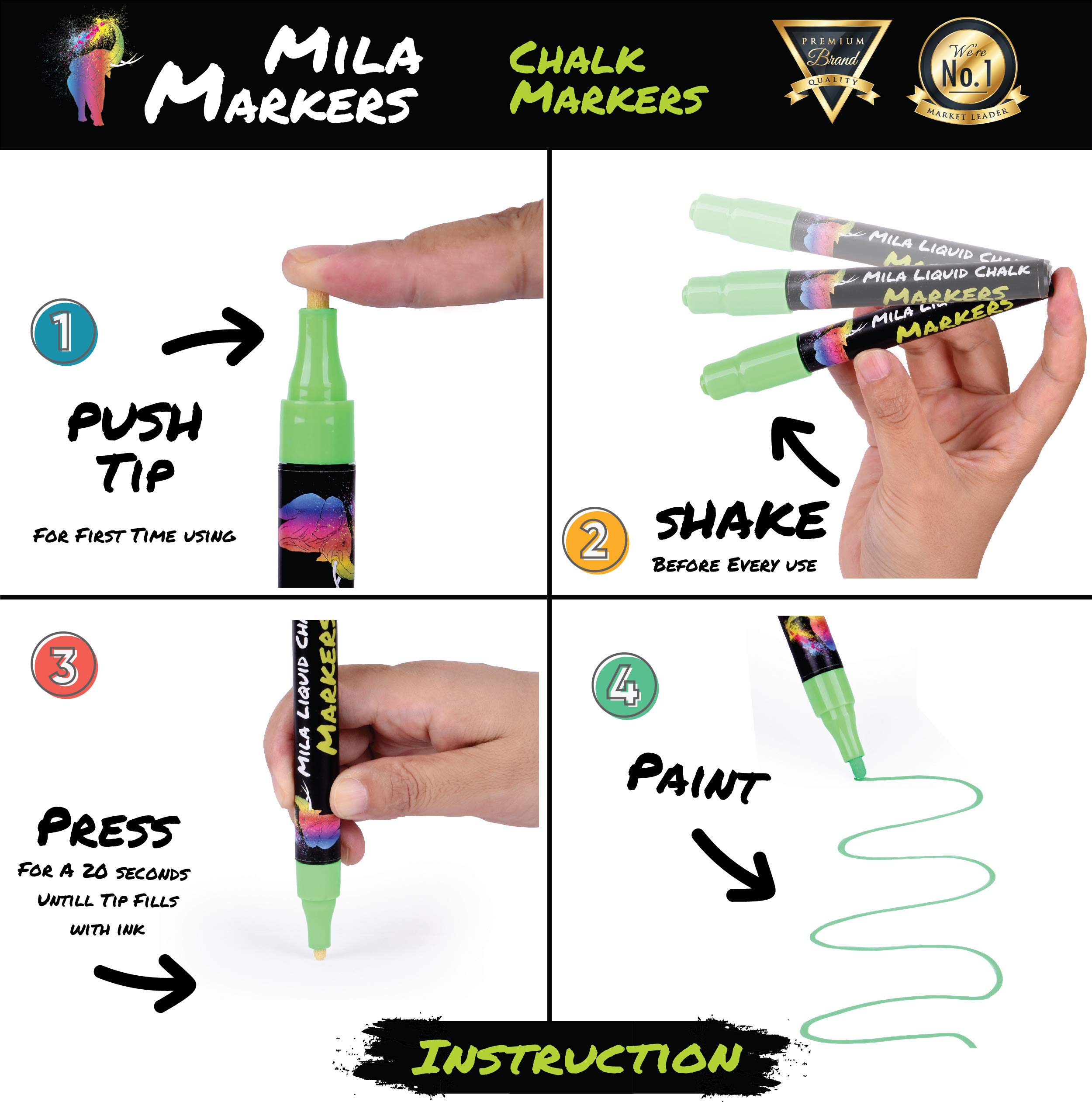 Mila 11 Multicolored Liquid Chalk Markers | Includes Mini Chalkboard, 16 Labels & 2 Stencils | Erasable, Non-Toxic, Water-Based | 6 mm Reversible Tip | On Glass, Blackboards & More | For Kids & Adults