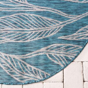 Unique Loom Outdoor Botanical Collection Area Rug - Leaf (4' 1" Round, Teal/ Ivory)