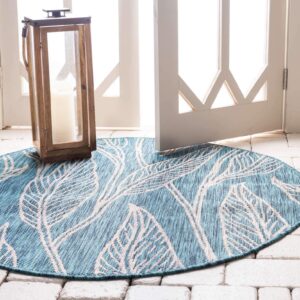 Unique Loom Outdoor Botanical Collection Area Rug - Leaf (4' 1" Round, Teal/ Ivory)