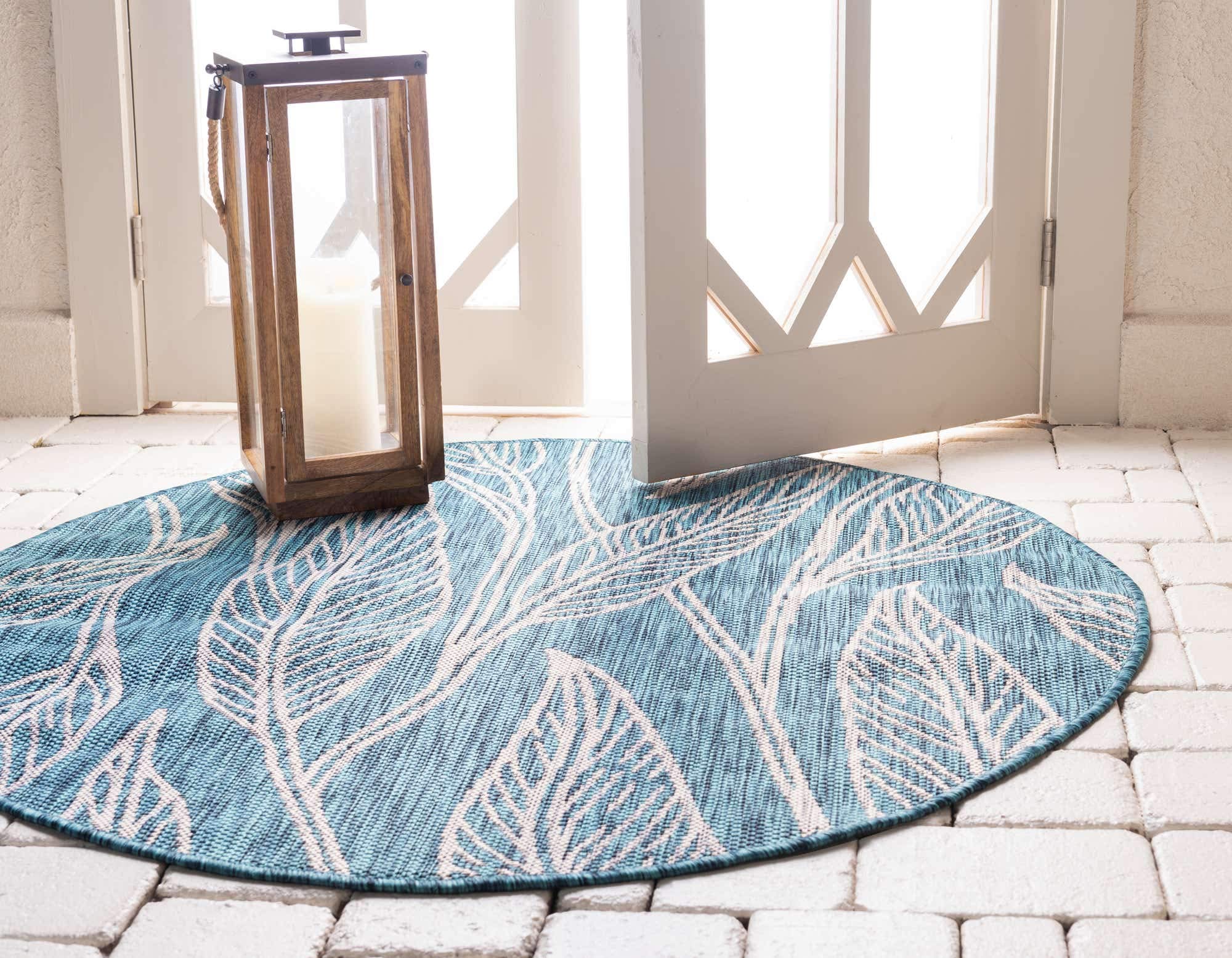 Unique Loom Outdoor Botanical Collection Area Rug - Leaf (4' 1" Round, Teal/ Ivory)