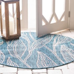 Unique Loom Outdoor Botanical Collection Area Rug - Leaf (4' 1" Round, Teal/ Ivory)