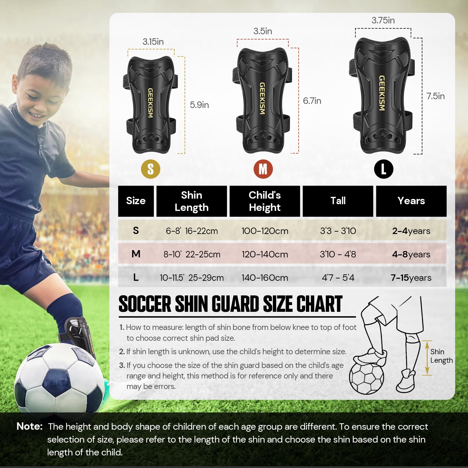 Geekism Soccer Shin Guards for Youth Kids Toddler, Protective Soccer Shin Pads & Socks Equipment - Football Gear for 3 5 4-6 7-9 10-12 Years Old Children Teens Boys Girls (Black, Medium)