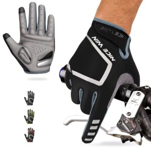 NICEWIN Cycling Bike Gloves Men Women, Padded Anti-Slip Mountain Bike Gloves, Touch Screen Full Finger Road Bicycle Biking Gloves (A Black, M)