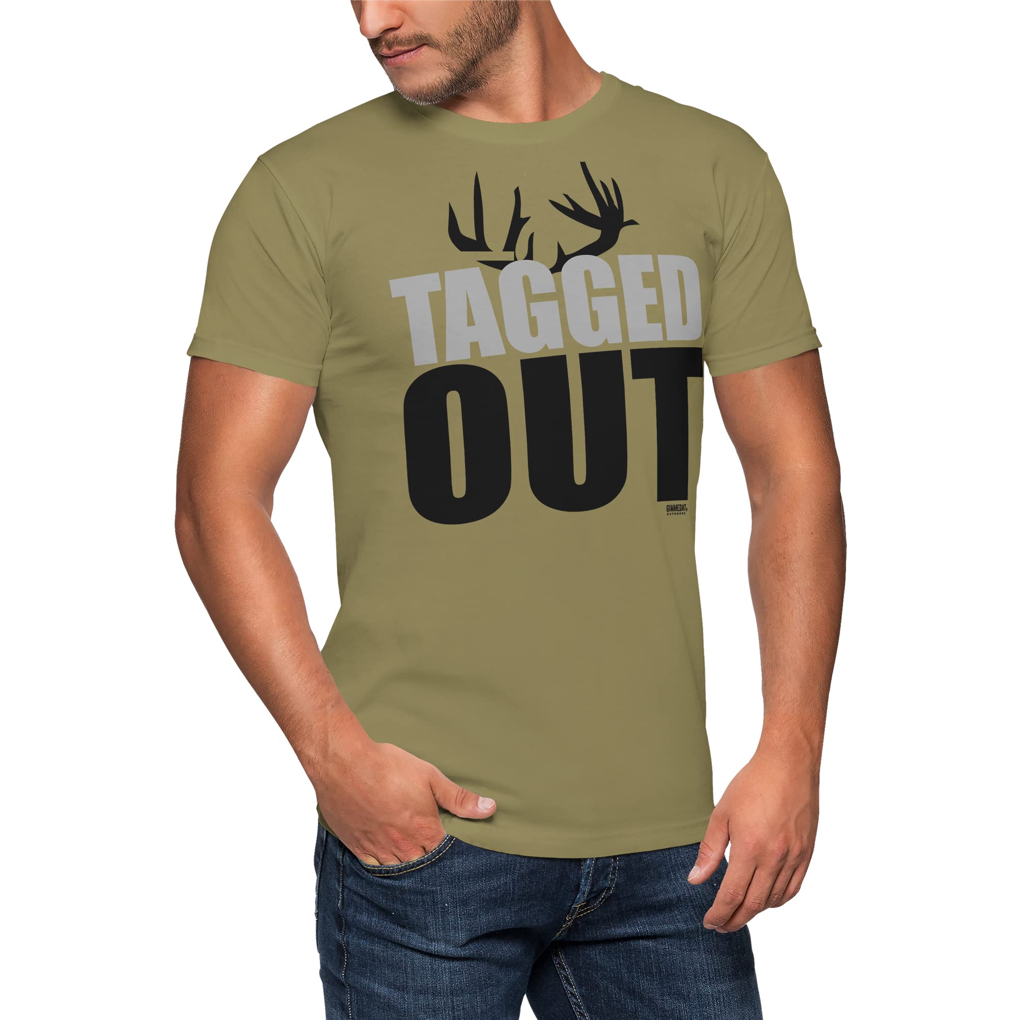 GIMMEDAT Deer Hunting Shirt The Original Tagged Out Short Sleeve Soft Gift (X-Large) Tan