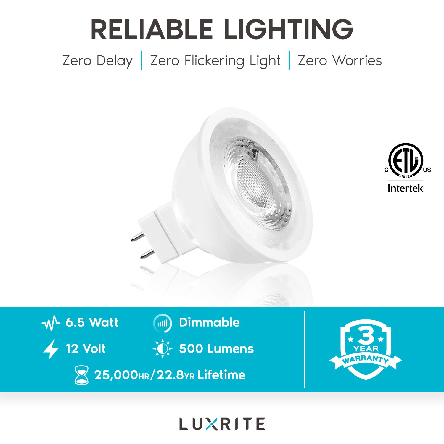 LUXRITE MR16 LED Bulb 50W Equivalent, 12V, 5000K Bright White Dimmable, 500 Lumens, GU5.3 LED Spotlight Bulb 6.5W, Enclosed Fixture Rated, Perfect for Track and Home Lighting (6 Pack)