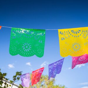 RICO RICO - Plastic Papel Picado 1 Pack, Ideal for a Mexican Fiesta, Cinco de Mayo, Mexican Themed Party and Fiesta Party Decorations,16 Feet Long - 10 Unique Designs.