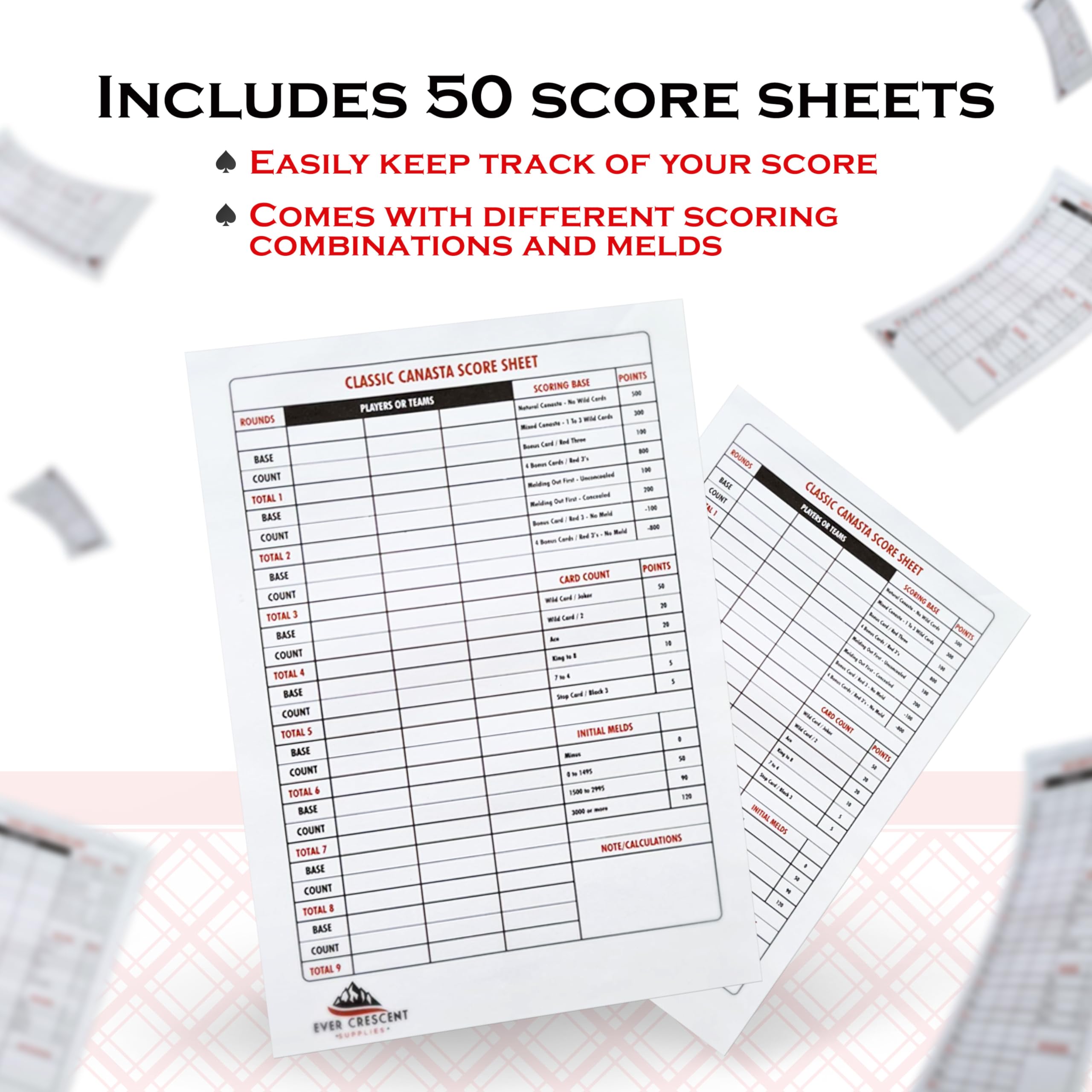 Ever Crescent Supplies Canasta Cards with Point Values, Tray and Score Pads Set. Includes 2 Deck of Cards, Revolving Holder, and 50 Scoring Sheets.