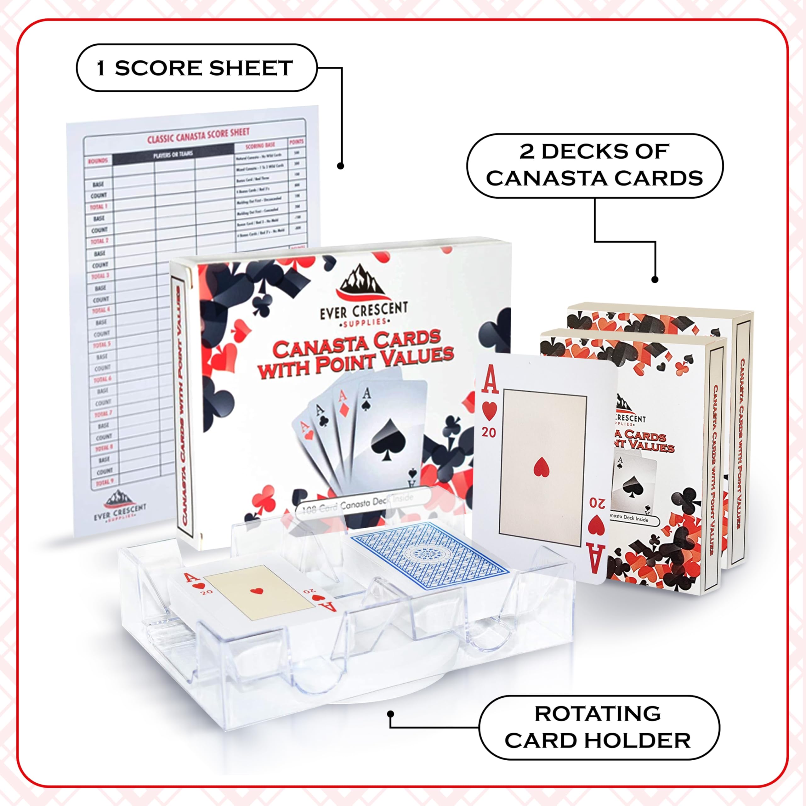 Ever Crescent Supplies Canasta Cards with Point Values, Tray and Score Pads Set. Includes 2 Deck of Cards, Revolving Holder, and 50 Scoring Sheets.