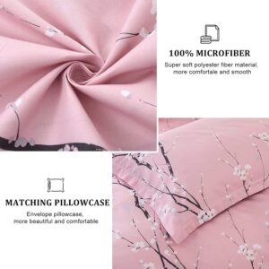 WONGS BEDDING Pink Floral Duvet Cover Set Queen, Reversible Flower Plum Blossom Printed Comforter Cover Set with 2 Pillowcases 3 Pieces Bedding Set Soft Microfiber Queen Size 90"x90"(Not Comforter)