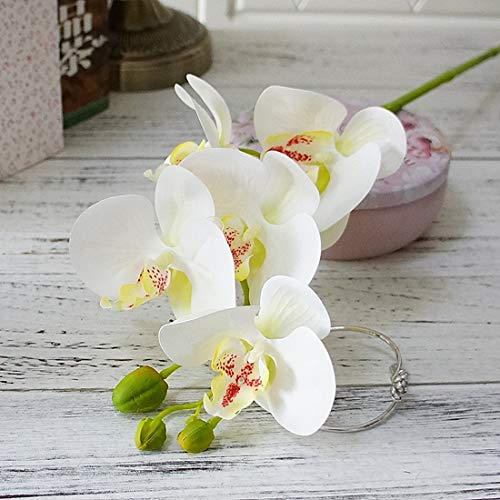 Calcifer 6 Pcs 3D Artificial Real Touch Latex Phalaenopsis Orchid Stem Bouquets Artificial Flowers for Wedding Party Home Garden Decoration (White&Yellow Heart)