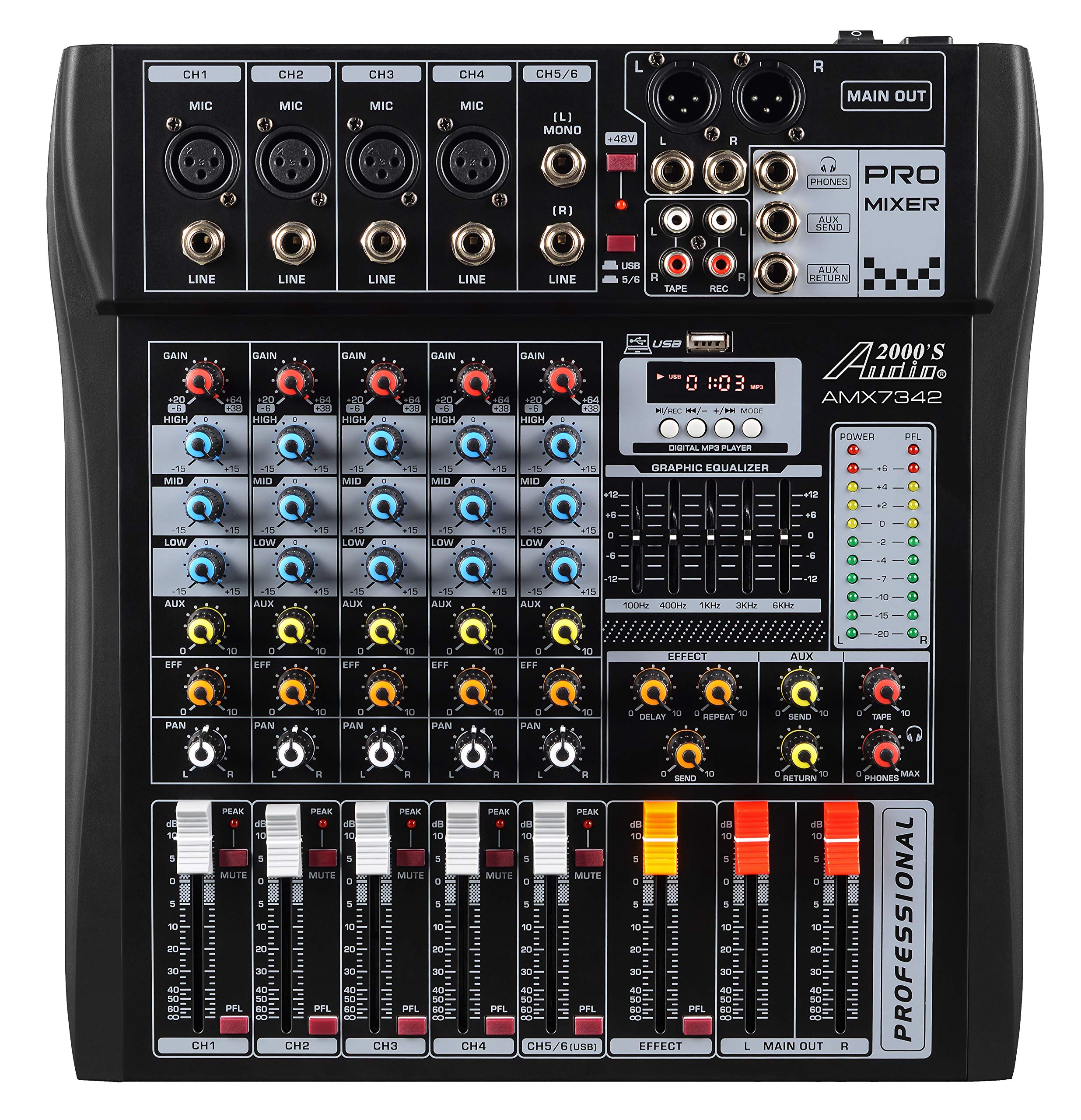 Audio2000'S AMX7342 Six-Channel Audio Mixer with USB Interface and Sound Effect