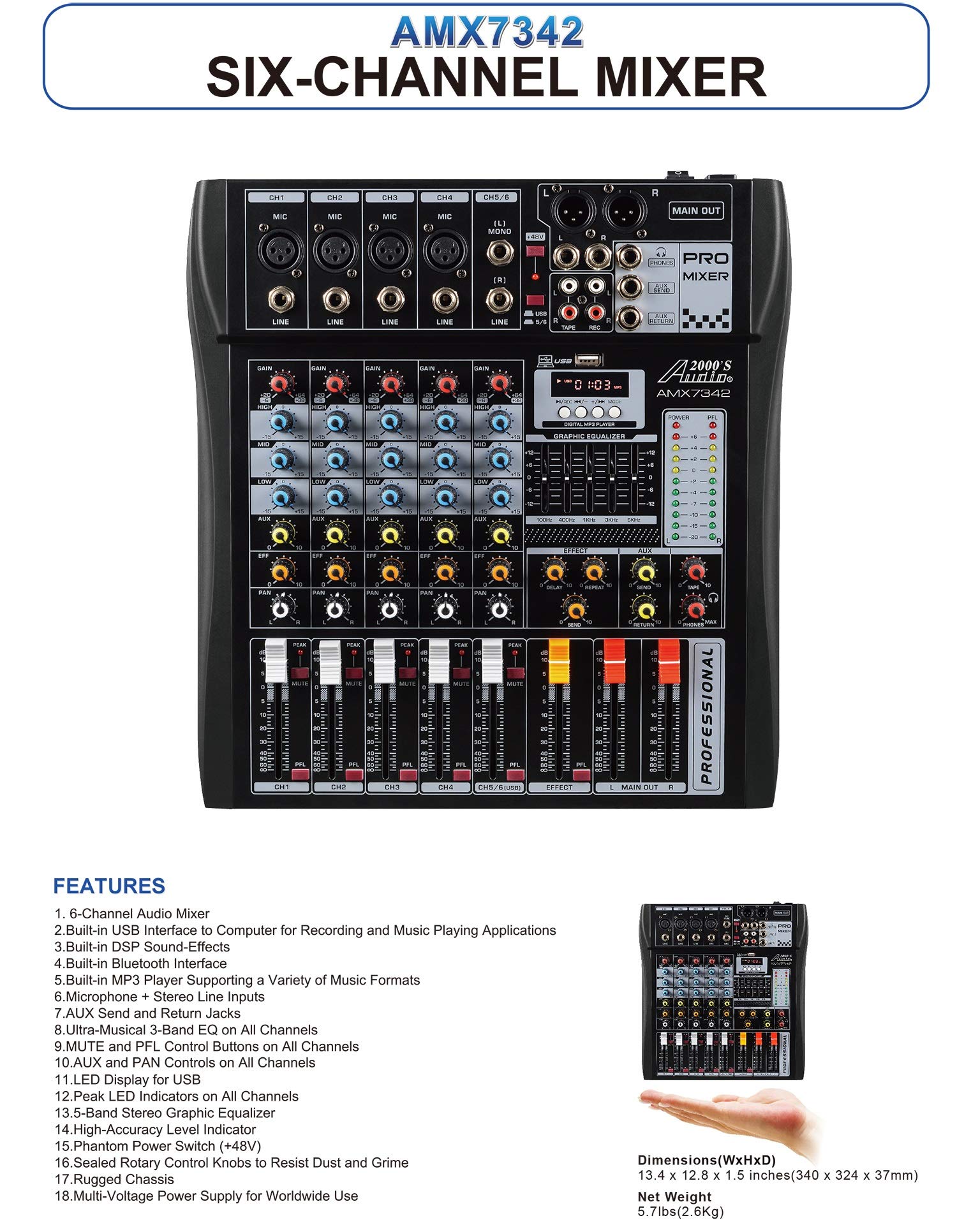 Audio2000'S AMX7342 Six-Channel Audio Mixer with USB Interface and Sound Effect