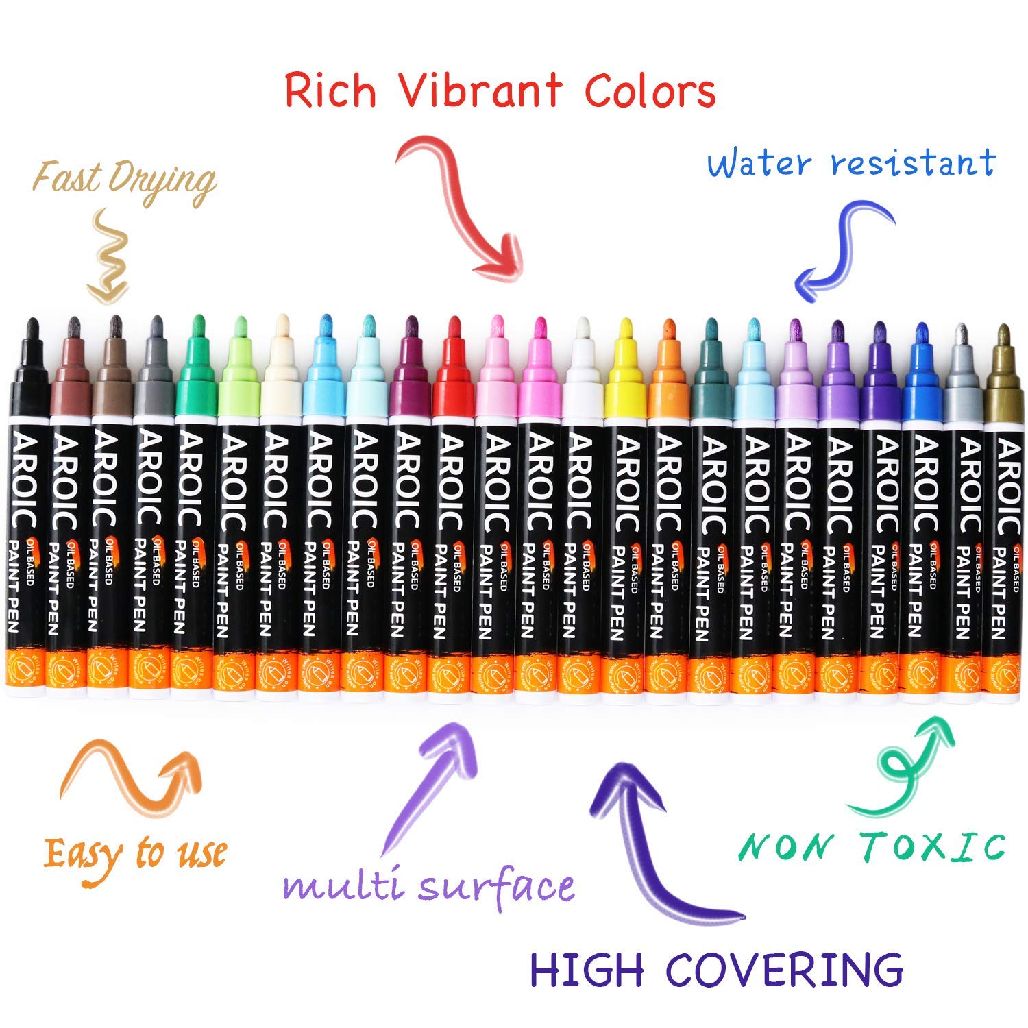 AROIC Paint Pens for Rock Painting - 48 Pack.Write On Anything! Paint pens for Rock, Wood, Metal, Plastic, Glass, Canvas, Ceramic & More! Low-Odor, Oil-Based, Medium-Tip Paint Markers