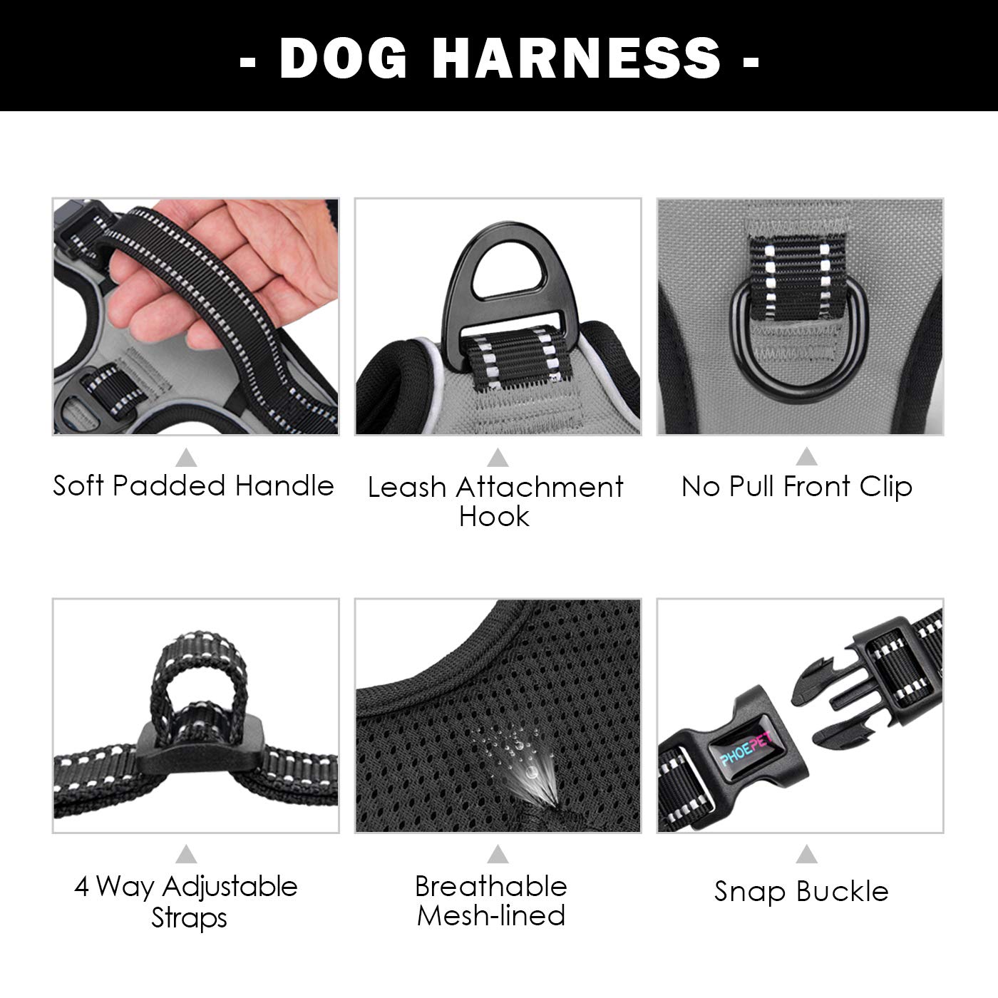 PHOEPET No Pull Dog Harness Medium Reflective Front Clip Vest with Handle,Adjustable 2 Metal Rings 3 Buckles,[Easy to Put on & Take Off](M, Grey)