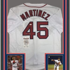 Framed Autographed/Signed Pedro Martinez 33x42 Boston White Baseball Jersey JSA COA