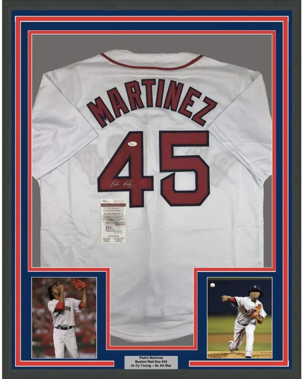 Framed Autographed/Signed Pedro Martinez 33x42 Boston White Baseball Jersey JSA COA
