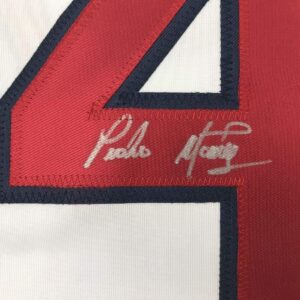 Framed Autographed/Signed Pedro Martinez 33x42 Boston White Baseball Jersey JSA COA