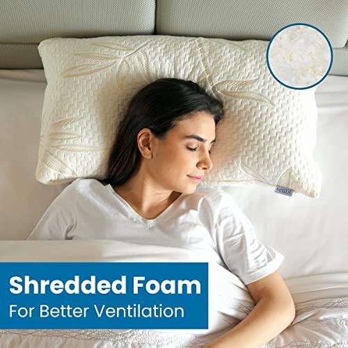 Sleepsia Standard Size Rayon Derived from Bamboo Pillow - Adjustable Shredded Memory Foam Neck Support Pillow, Breathable Pillow for Side, Back & Stomach Sleepers - Sleeping Pillow with Washable Cover