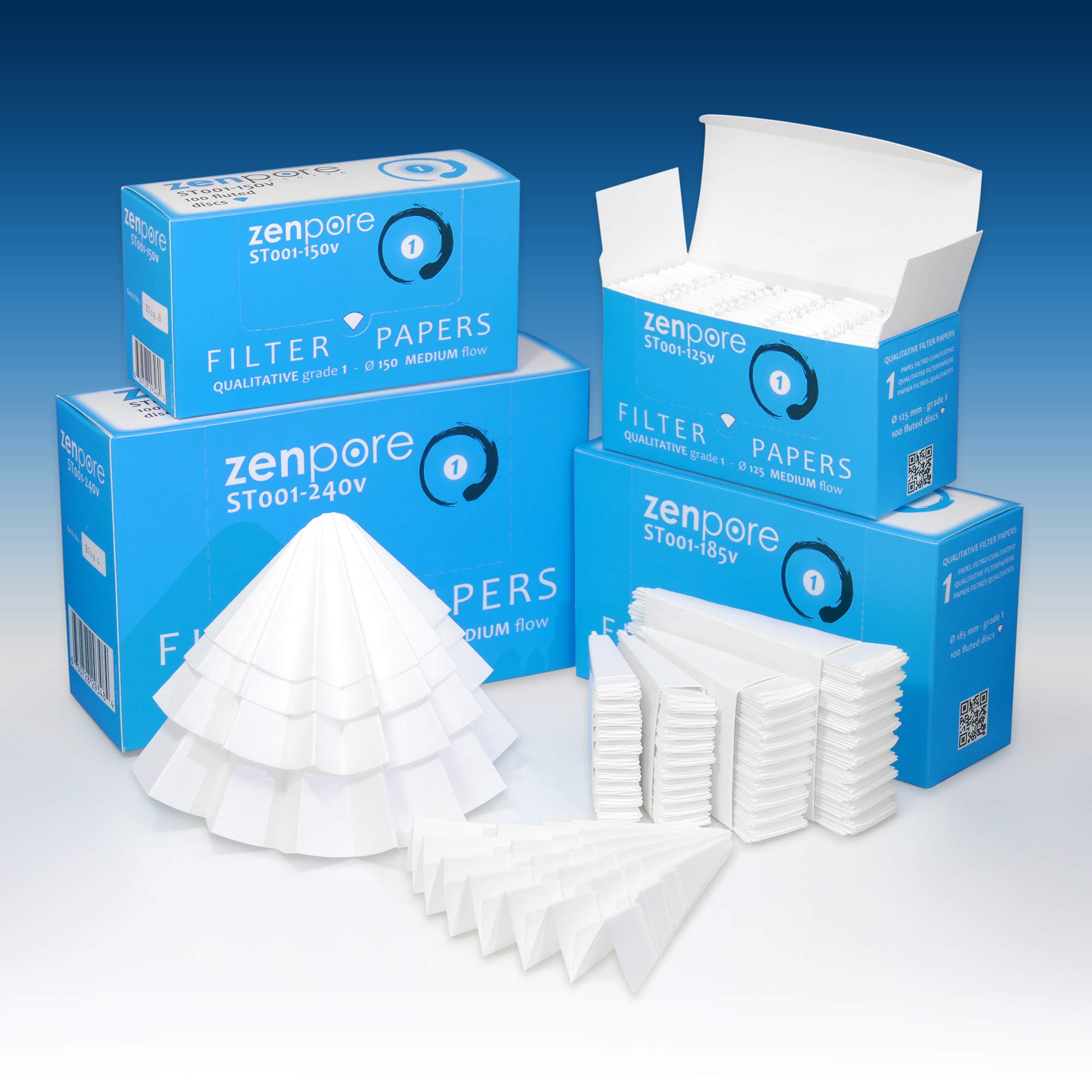 18.5 cm Fluted Filter Paper, Pre-Pleated (Folded), Qualitative Grade 1 - ZENPORE Medium Flow 185 mm (100 Discs)