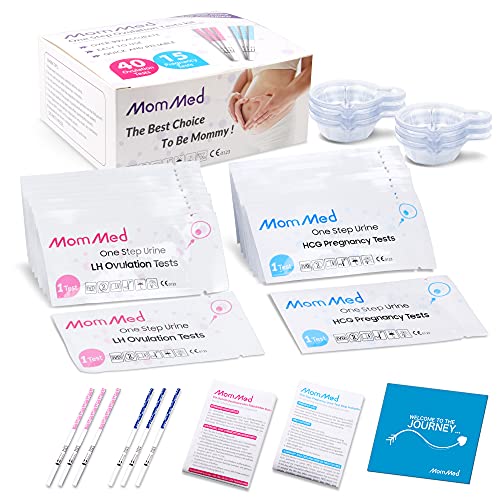 MomMed Ovulation Test Kit (HCG15-LH40), 15 Pregnancy & 40 Ovulation Test Strips with 55 Urine Cups Reliable & Quick Early Pregnancy Test