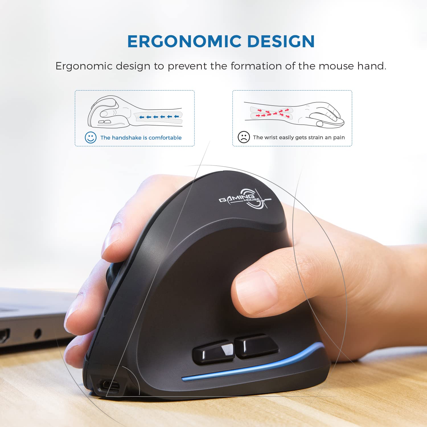 ECHTPower Ergonomic Wireless Mouse, Vertical Mouse with Adjustable DPI 2400/1600/1000, Rechargeable Mice with LED Light, Ergo Mouse for Laptop/PC/Windows/macOS