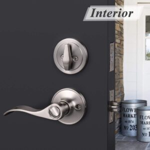 Probrico Drop Style Entry Door Handle Set with Single Cylinder Deadbolt in Satin Nickel Finish, Keyed Alike Lockset Handleset Combo Pack, Contemporary Style,2 Pack