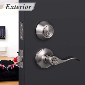 Probrico Drop Style Entry Door Handle Set with Single Cylinder Deadbolt in Satin Nickel Finish, Keyed Alike Lockset Handleset Combo Pack, Contemporary Style,2 Pack