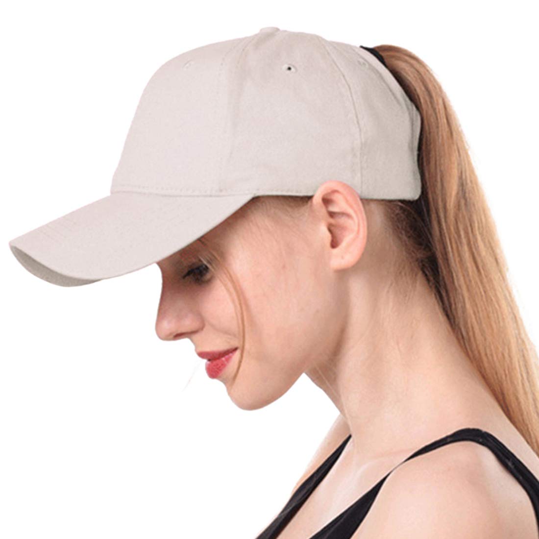 Muryobao Womens Ponytail Baseball Cap Messy High Bun Ponycap Adjustable Snapback Summer Sun Hat Plain Trucker Dad Hat Cotton Beige