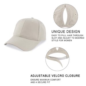 Muryobao Womens Ponytail Baseball Cap Messy High Bun Ponycap Adjustable Snapback Summer Sun Hat Plain Trucker Dad Hat Cotton Beige