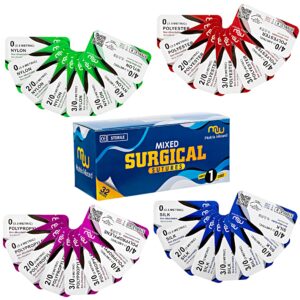 Mixed Sterile Sutures Thread with Needle 32PK (0, 2-0, 3-0, 4-0) Non-Absorbable - Surgical Emergency Practice, Medical, Nursing, EMT, PA, Dental, Veterinary Student's Hospital Training Kit, Taxidermy