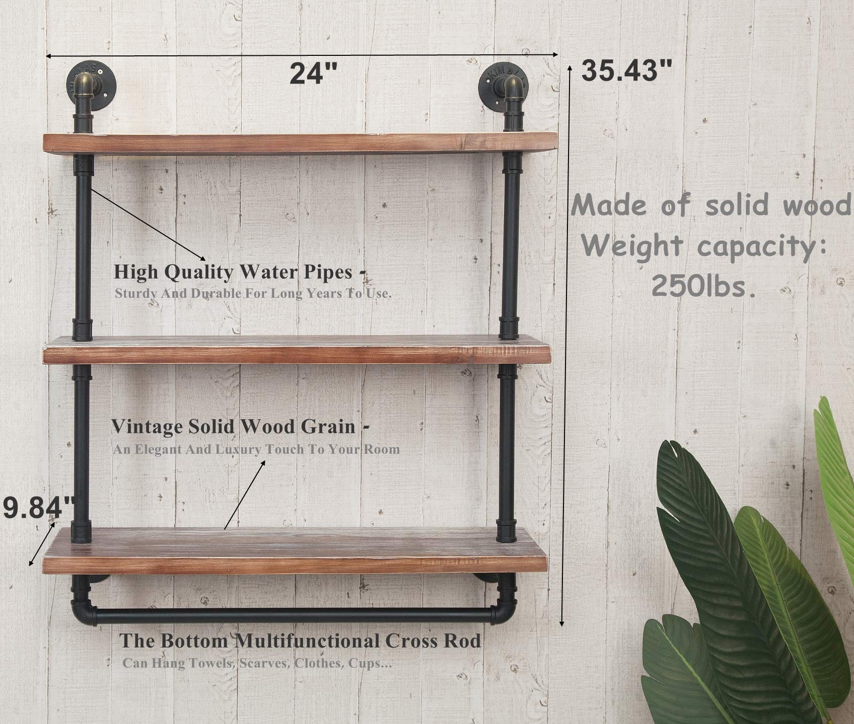 DOFURNILIM Industrial Retro Wall Mounted Iron Water Pipe Shelf - Hung Bracket - DIY Storage Shelving Bookshelf - Wood Shelf (Floating shelves-24“W)