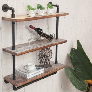 DOFURNILIM Industrial Retro Wall Mounted Iron Water Pipe Shelf - Hung Bracket - DIY Storage Shelving Bookshelf - Wood Shelf (Floating shelves-24“W)