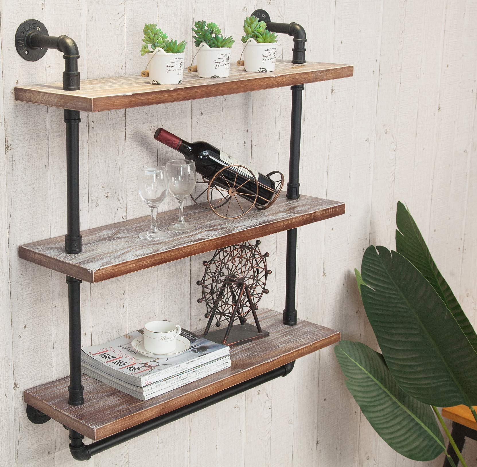 DOFURNILIM Industrial Retro Wall Mounted Iron Water Pipe Shelf - Hung Bracket - DIY Storage Shelving Bookshelf - Wood Shelf (Floating shelves-24“W)