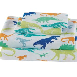 Mk Home 4pc Full Size Sheet Set for Boys Dinosaurs Green Blue Orange White New