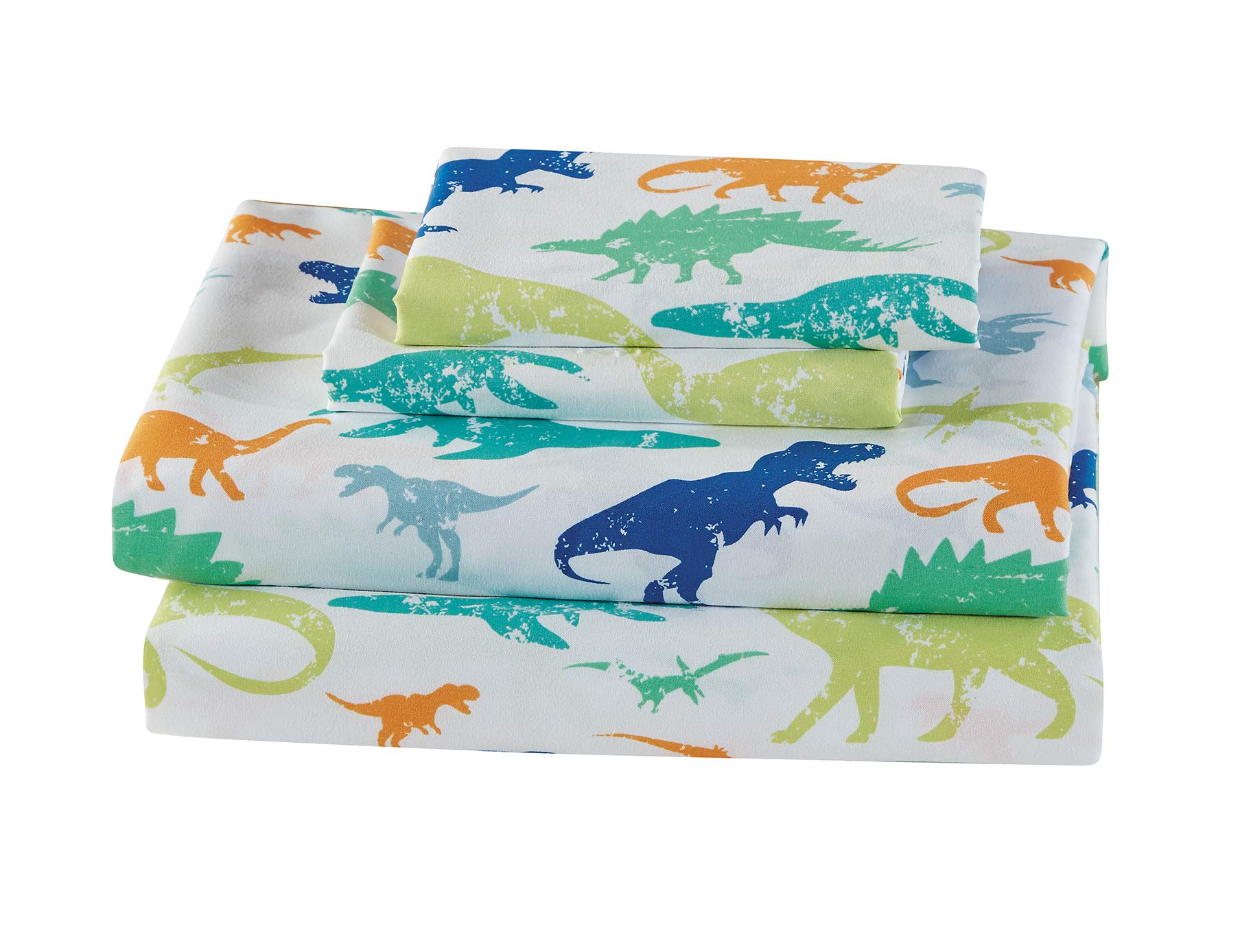 Mk Home 4pc Full Size Sheet Set for Boys Dinosaurs Green Blue Orange White New