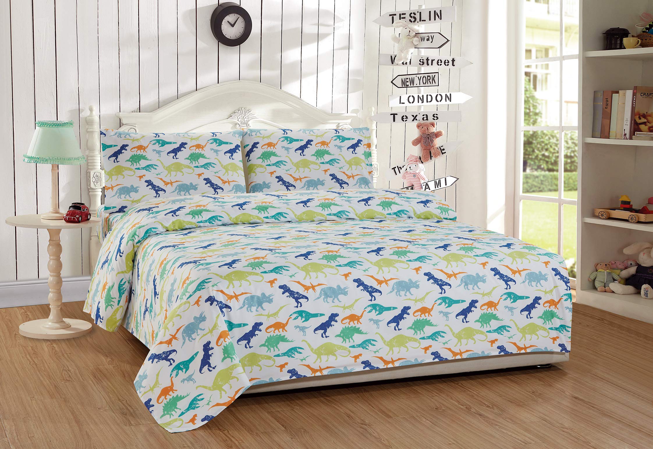 Mk Home 4pc Full Size Sheet Set for Boys Dinosaurs Green Blue Orange White New