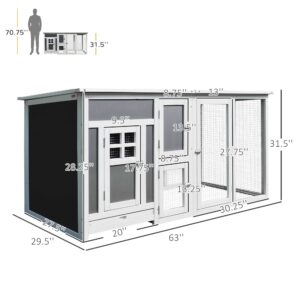 PawHut 63" Outdoor Chicken Coop Wooden, Chicken Cage with Run Area, Nesting Box, Hen House with Waterproof Roof, Removable Tray