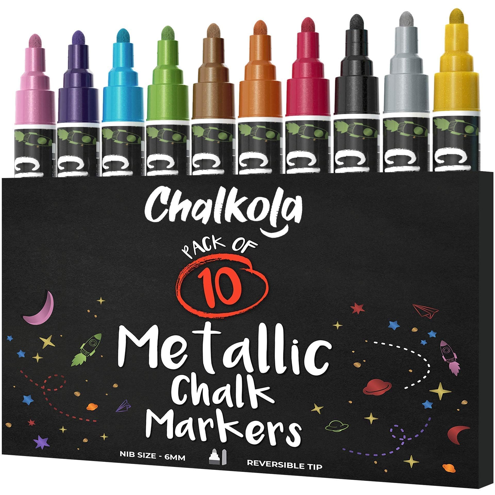Metallic Chalk Markers (10 Pack) Liquid Chalk Pens - For Blackboards, Chalkboard, Bistro Menu, Window - Wet Wipe Erasable - 6mm Reversible Bullet & Chisel Tip