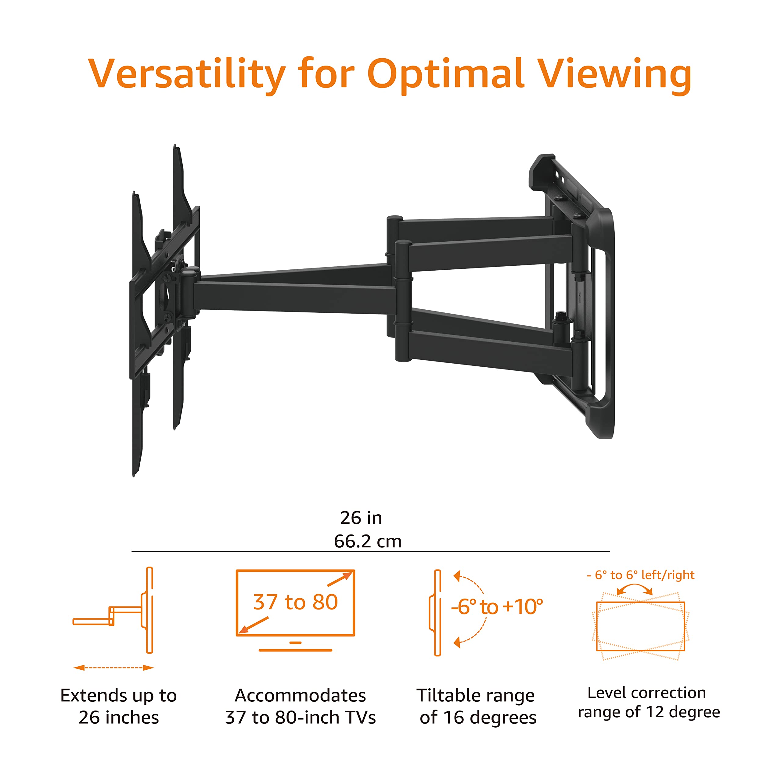 Amazon Basics Heavy Duty Extension Dual Arm, Full Motion Articulating TV Mount for 37" to 80" TVs up to 132 lbs, Fits LED LCD OLED Flat Curved Screens, Black