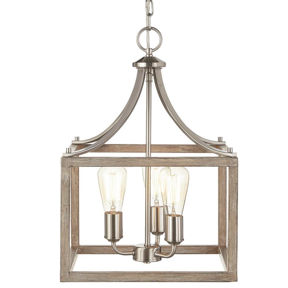 Home Decorators Collection Boswell Quarter 14 in. 3-Light Brushed Nickel Chandelier with Painted Weathered Gray Wood Accents