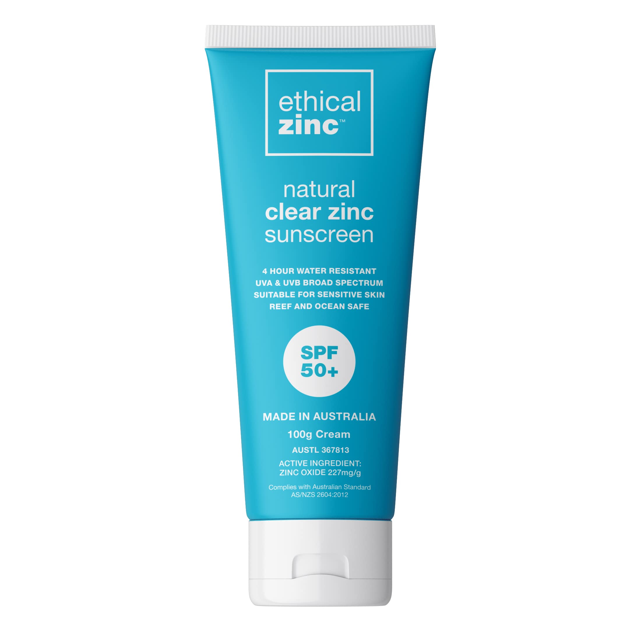 Ethical Zinc Mineral Sport Sunscreen Natural Zinc Oxide Physical SPF 50+ Water Resistant, Sensitive Skin, Reef Safe, Made in Australia, Broad Spectrum Protection, Suitable for Kids, Face and Body