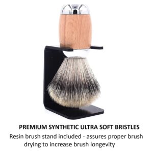 Taconic Shave's Synthetic Silvertip Luxury Shaving Brush – Deluxe Beechwood and Chrome Handle - Shaving Stand Included