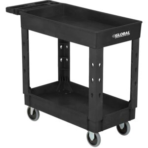 global industrial industrial service & utility cart, plastic 2 shelf tray black, 38” x 17-1/2”, 5" rubber casters