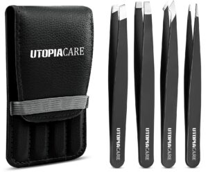 utopia care tweezers for women facial hair (4 piece), eyebrow tweezers for women professional, precision tweezers set for women, pointed tweezers slant tip, ingrown hair tweezers for men (black)