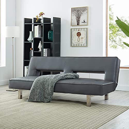 Naomi Home Astrid Futon Sofa Bed - Gray Faux Leather, Modern Style, 3-Position Reclining Mini Sofa/Bed with Chrome Legs, Small Couch for Bedroom Living Rooms, Office