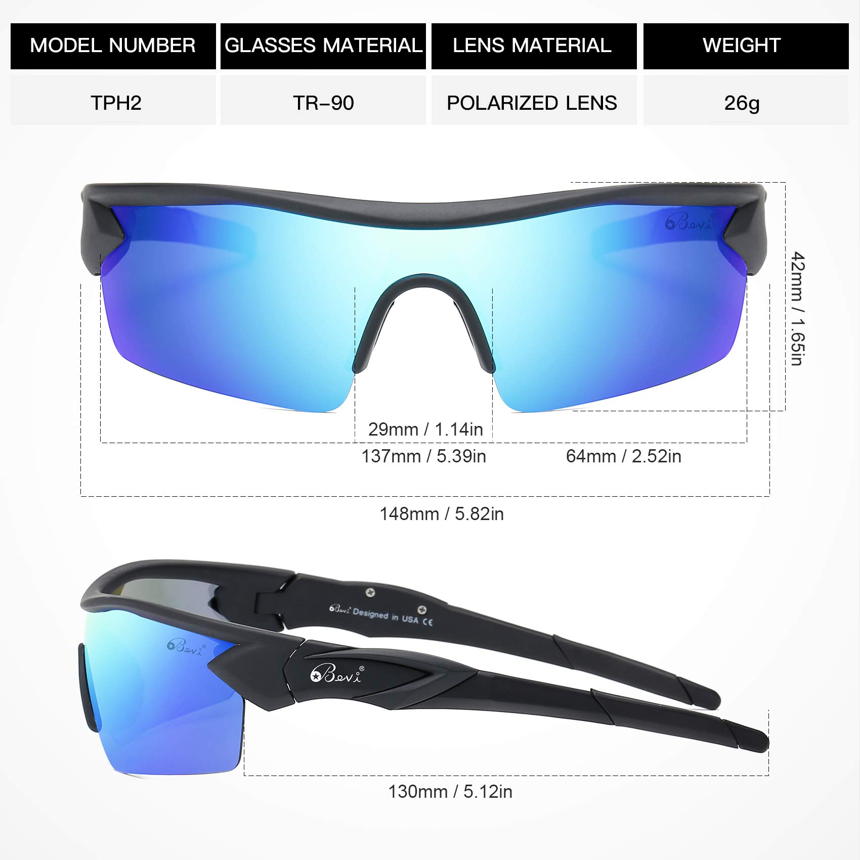 Bevi Polarized Sports Sunglasses TR90 Unbreakable Frame for Men Women Running Cycling Golf Baseball TPH2C2