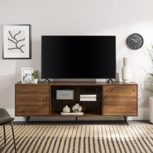 Walker Edison Saxon Mid Century Modern 2 Door Glass Shelf TV Stand for TVs up to 80 Inches, 70 Inch, Dark Walnut