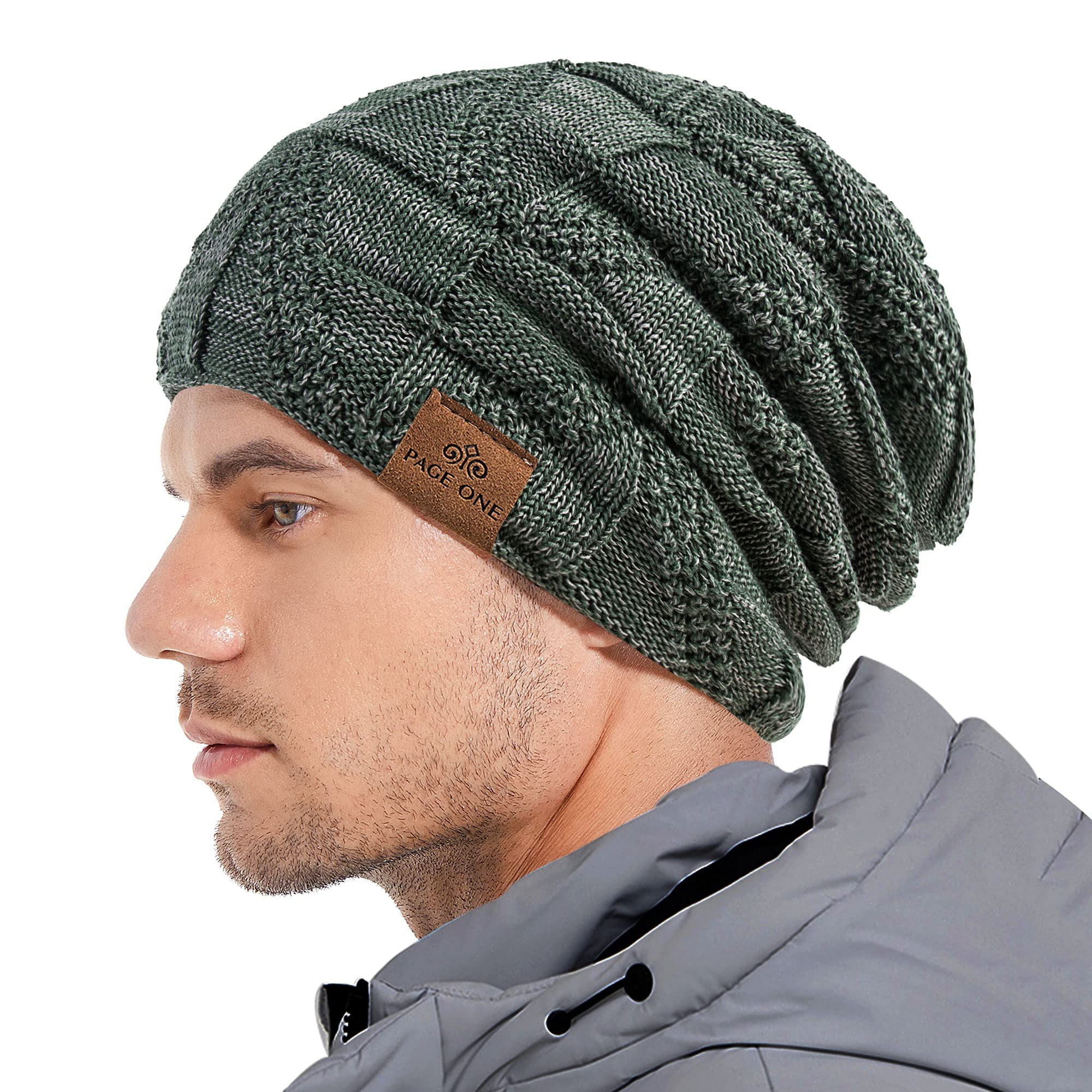 PAGE ONE Mens Winter Slouchy Beanie Warm Fleece Lined Skull Cap Baggy Cable Knit Hat Light Green